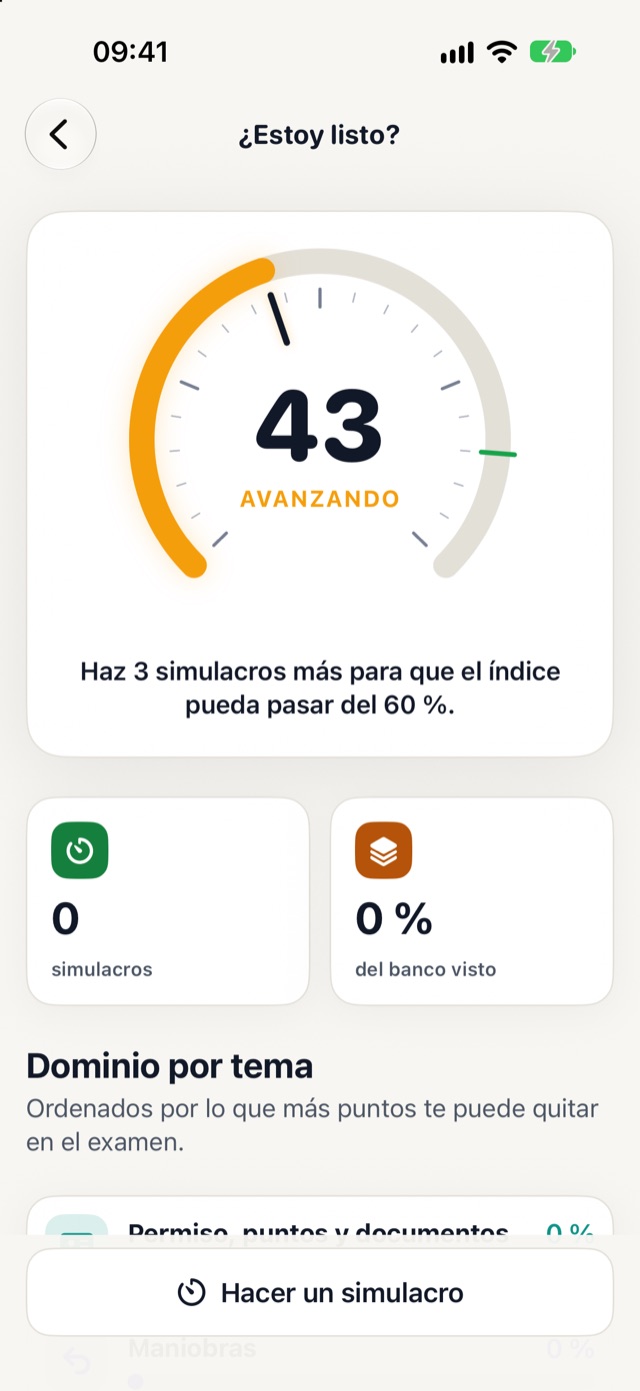 Índice ¿Estoy listo? en 43, avanzando, con el dominio por tema
