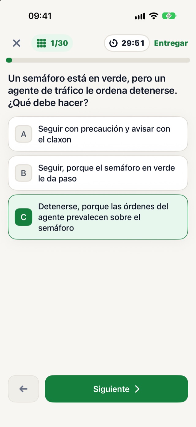 Simulacro en curso: pregunta 1 de 30 con el cronómetro en 29:51