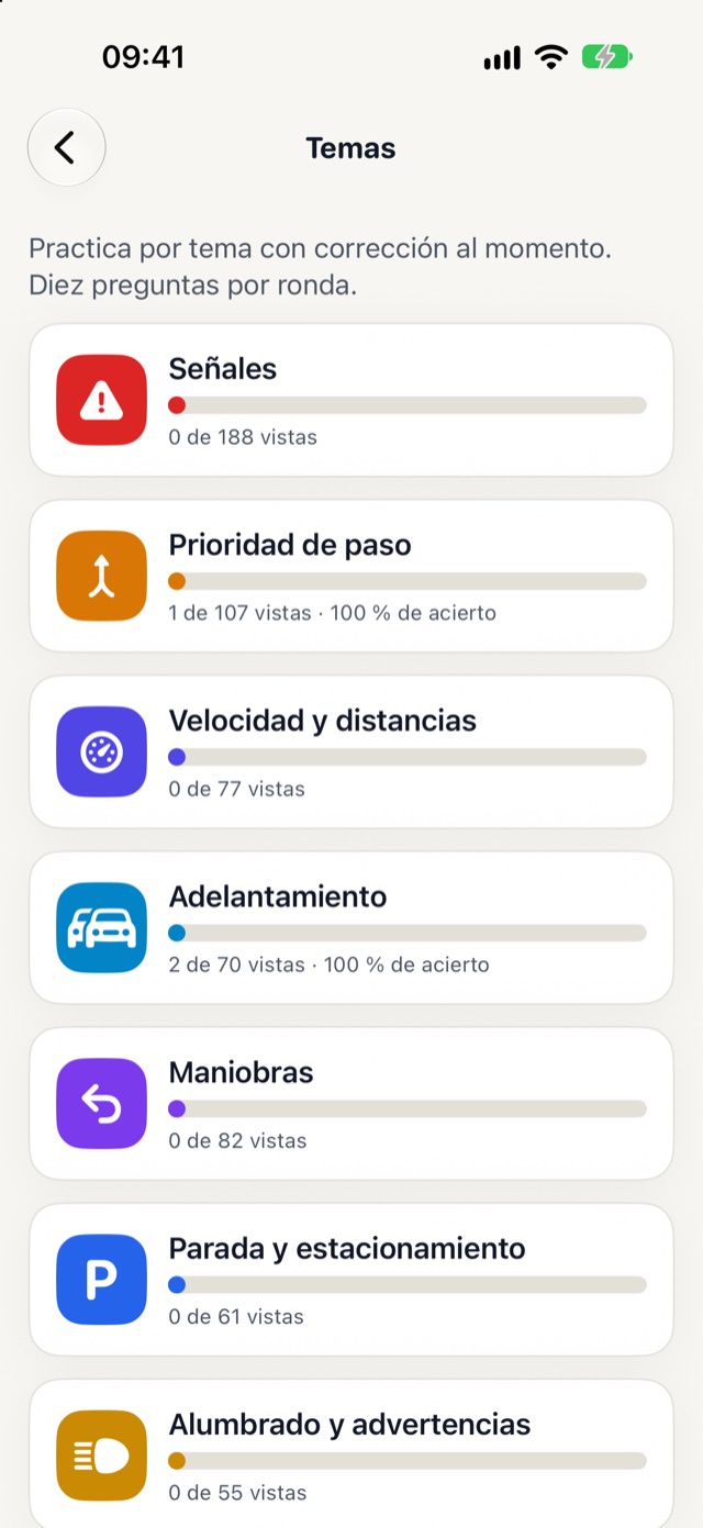 Lista de temas: Señales, Prioridad de paso, Velocidad y distancias, Adelantamiento